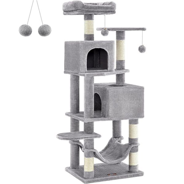 Feandrea Cat Tree, 155 cm Cat Tower sisäkissoille, 2 luolaa, riippumatto, vaaleanharmaa
