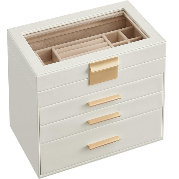 Songmics smyckesbox med glaslock, 4-tier smycken, 3 lådor, molnvit och guldfärg