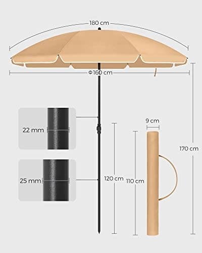 SONGMICS 1,6 m strandparaply, UPF 50+, solbeskyttelse, bærbar, taupe