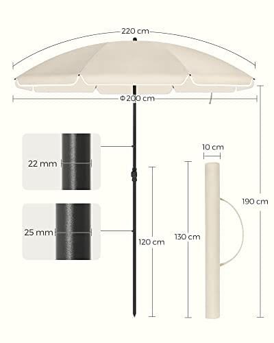SONGMICS 2 m päivänvarjo, aurinkovarjo, UPF 50+, aurinkosuoja, kannettava kahdeksankulmainen polyesterikatos, beige
