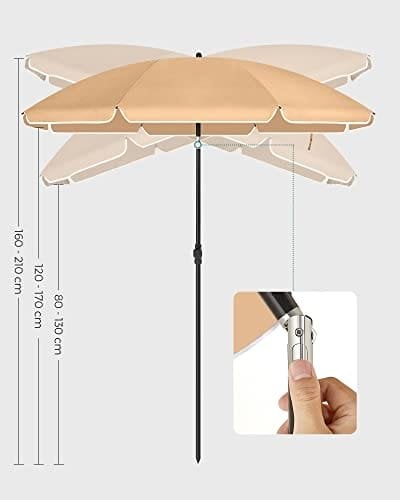 SONGMICS 1,6 m strandparaply, UPF 50+, solbeskyttelse, bærbar, taupe