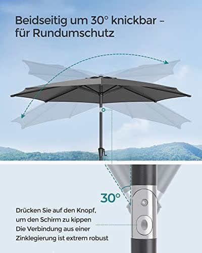 SONGMICS 290 cm haveparasol paraply, UPF 50+, solskærm, 30° hældning, grå
