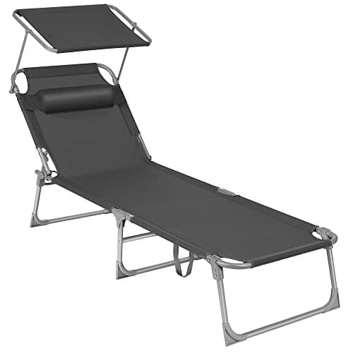 SONGMICS aurinkotuoli, solarium, kokoontaitettava, 53 x 193 x 29,5 cm, tummanharmaa