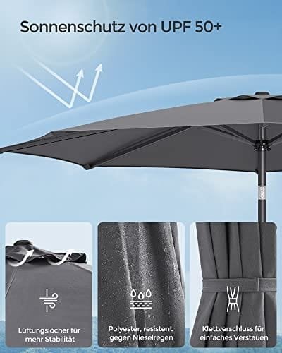 SONGMICS 290 cm haveparasol paraply, UPF 50+, solskærm, 30° hældning, grå