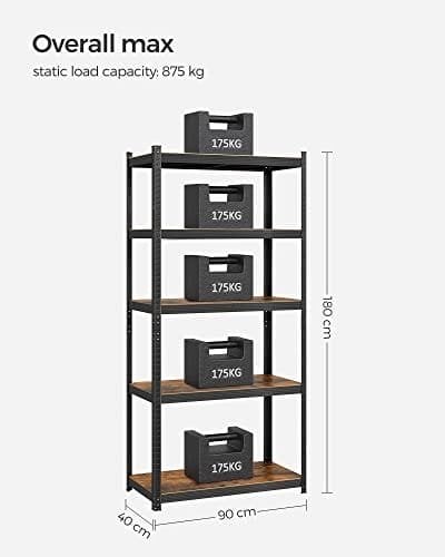SONGMICS reol, 40 x 90 x 180 cm, 875 kg bæreevne Rustik brun og sort