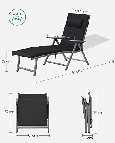 SONGMICS kokoontaittuva aurinkotuoli, solarium 6 cm patjalla, ruosteenkestävä alumiini, musta