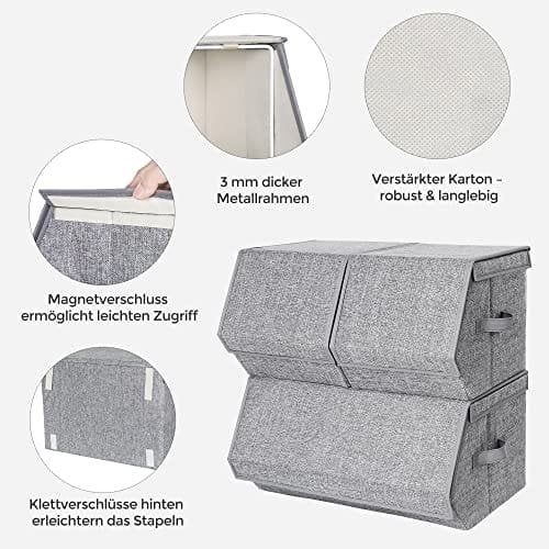 SONGMICS stabelbare opbevaringskasser med låg, sæt med 3, til tøjlegetøjsbøger, grå