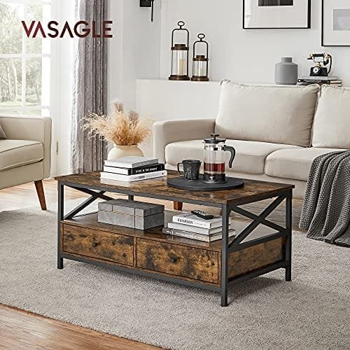 VASAGLE Sofabord, Stuebord, X-formet stålstel, 100 x 55 x 45 cm, brun og sort