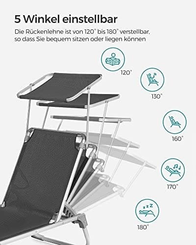 SONGMICS liggestol, solseng, liggende solstol med parasol, justerbart ryglæn, røggrå