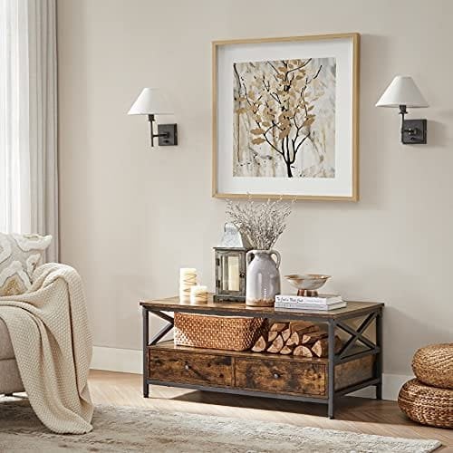 VASAGLE Sofabord, Stuebord, X-formet stålstel, 100 x 55 x 45 cm, brun og sort