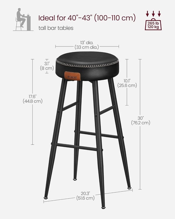 VASAGLE 2 køkkenbarstole, morgenmadsbarstole, syet kunstlæder, 30″ høj, simpelthen sort