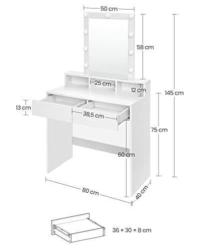 Sminkbord med LED-belysning med 2 Lådor og 3 Åbn fack, Modern Toiletbord, Vitt