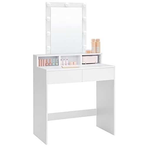 Sminkbord med LED-belysning med 2 Lådor og 3 Åbn fack, Modern Toiletbord, Vitt