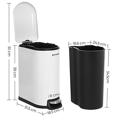 SONGMICS Slank skraldespand, 10L pedalspand, stål, hvid