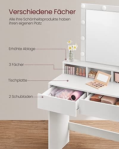 Sminkbord med LED-belysning med 2 Lådor og 3 Åbn fack, Modern Toiletbord, Vitt