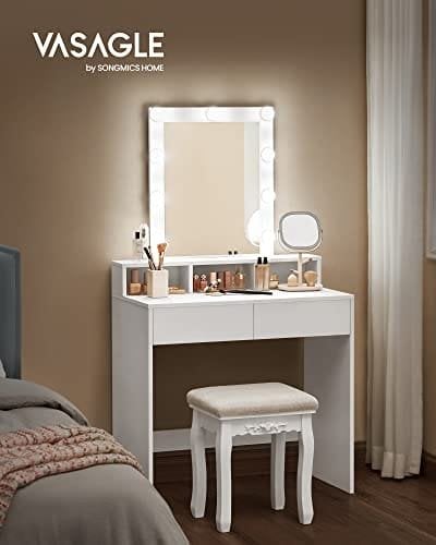 Sminkbord med LED-belysning med 2 Lådor og 3 Åbn fack, Modern Toiletbord, Vitt