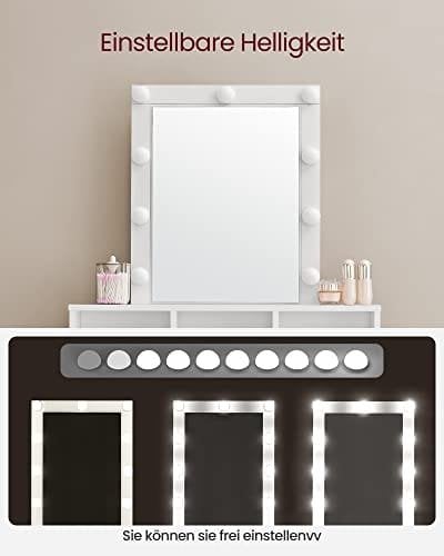 Sminkbord med LED-belysning med 2 Lådor og 3 Åbn fack, Modern Toiletbord, Vitt
