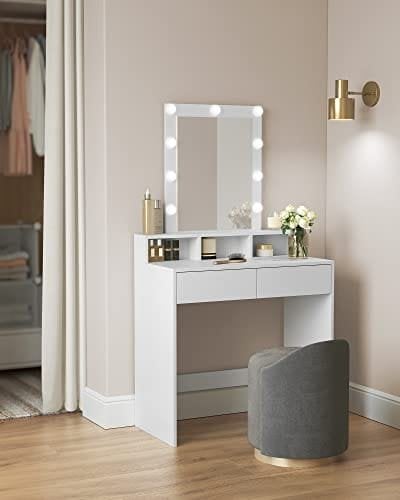 Sminkbord med LED-belysning med 2 Lådor og 3 Åbn fack, Modern Toiletbord, Vitt