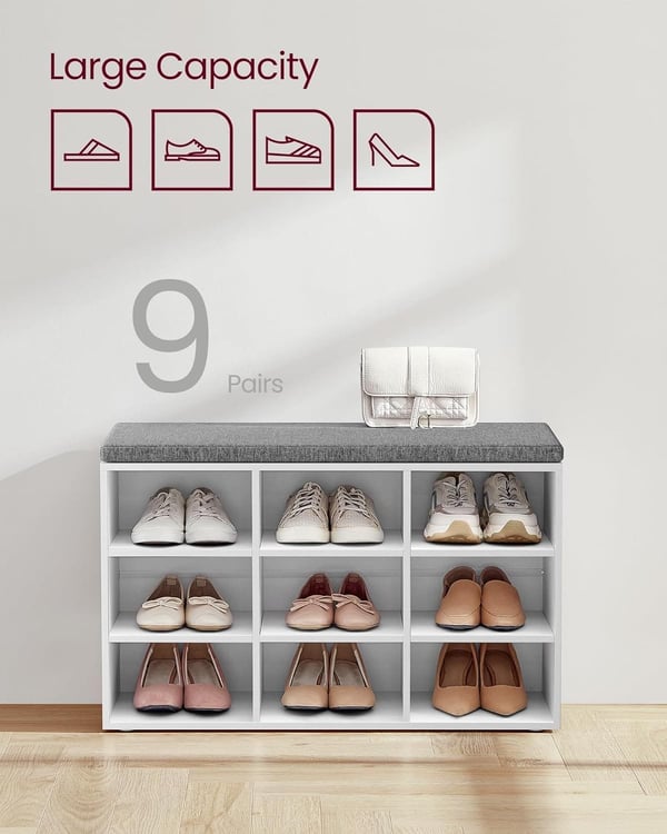 VASAGLE skobænk, opbevaringsbænk med polstret sæde, indgangsbænk med 9 rum, hvid og grå