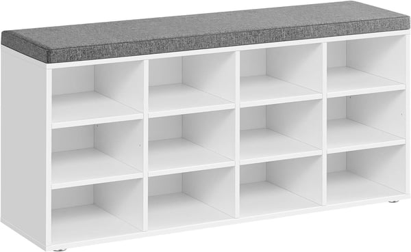 VASAGLE kenkäpenkki tyynyllä, säilytyspenkki, 11,9 x 40,9 x 18,9 tuumaa, valkoinen ja harmaa