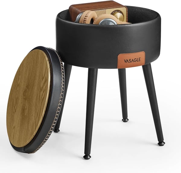 VASAGLE Storage Ottoman, Vanity Chair Taburet, Rundt Opbevaringssæde, Belastning 330 lb, Ink Black
