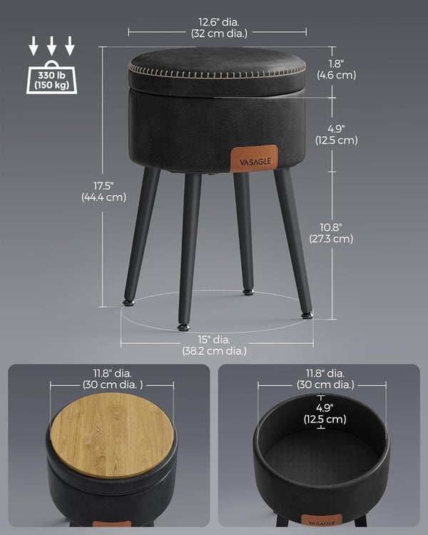 VASAGLE Storage Ottoman, Vanity Chair Taburet, Rundt Opbevaringssæde, Belastning 330 lb, Ink Black