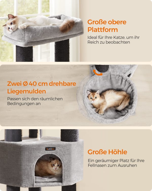 Feandrea Cat Tree suurille kissoille, Heavy Duty Cat Tower, 9 raapimistolppia, harmaa ja musta