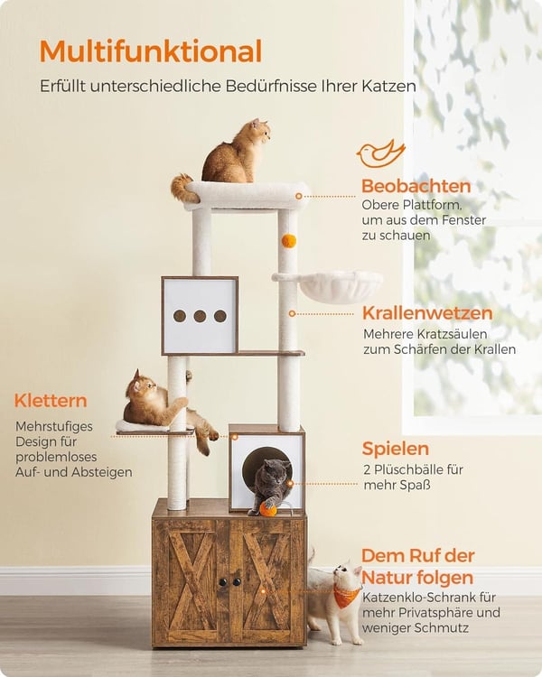 Feandrea Cat kradsestolpe med kattebakke 185 cm høj, vintage brun