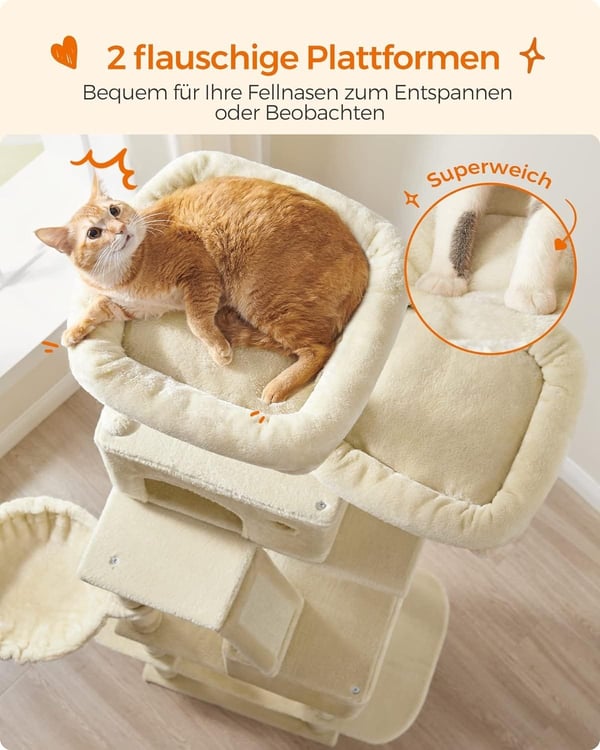 XXL kradsestolpe, 206 cm høj, XXL-kattetræ, 2 huler, kurv, hængekøje, beige
