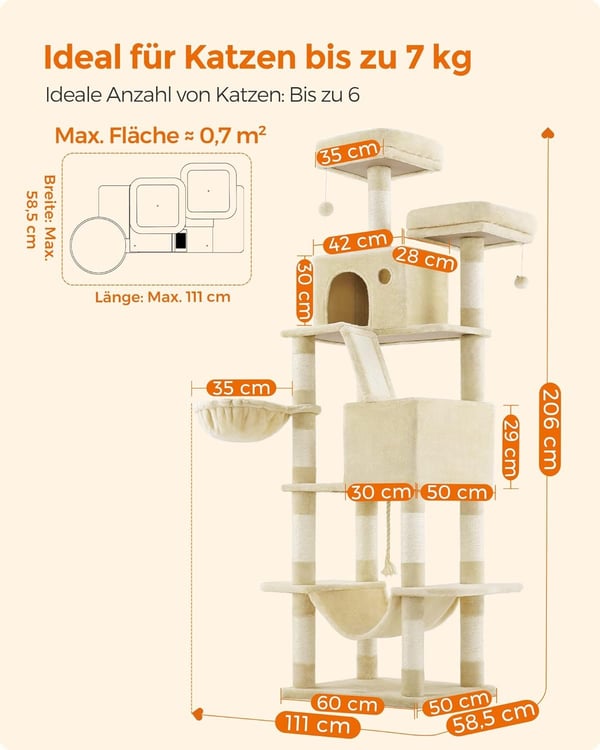 XXL kradsestolpe, 206 cm høj, XXL-kattetræ, 2 huler, kurv, hængekøje, beige