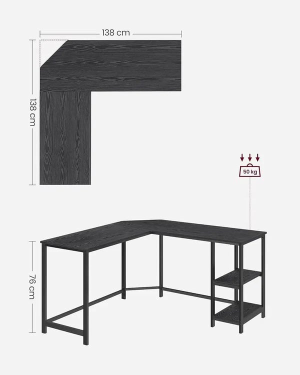 VASAGLE datorbord, L-format hörnskrivbord, 138 x 138 x 76 cm, spelbord, svart med träfibrer