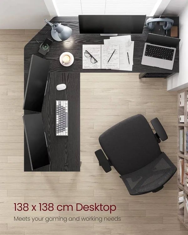VASAGLE datorbord, L-format hörnskrivbord, 138 x 138 x 76 cm, spelbord, svart med träfibrer