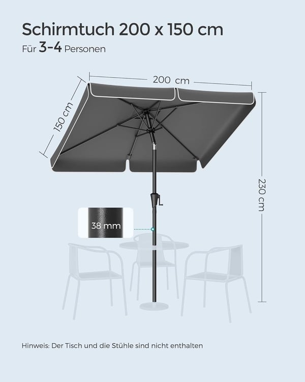 Parasol 200 X 150 Cm, rektangulær altanparaply, solafskærmning Upf 50+, 30° uden stativ, grå
