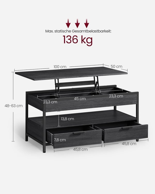 Sofabord, stuebord, med opbevaringsskuffer, koksgrå og blæksort