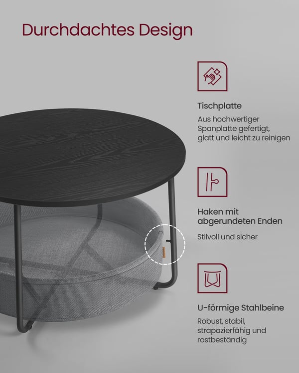 Sofabord med Opbevaring, Rundt Midterbord, Moderne Stil, Metalstel, Blæk Sort og Skifergrå