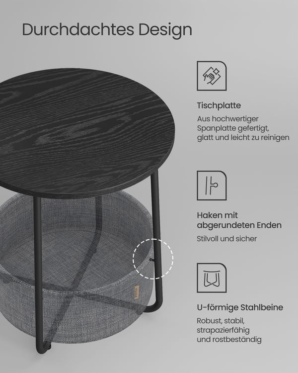 Lille rundt sidebord, moderne natbord med stofkurv, natbord, ibenholt sort og skifergrå