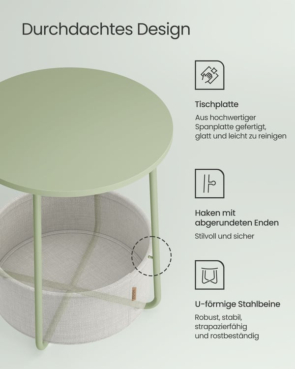 Natbord med stofkurv, sengebord til stue, Lagergrøn og Cremehvid