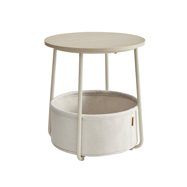 Lille Rundt Sofabord, Sidebord med Stofkurv, Opbevaring til Stue, Soveværelse, Natbord, Moderne Stil, Cremehvid