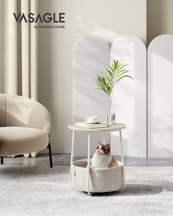 Lille Rundt Sofabord, Sidebord med Stofkurv, Opbevaring til Stue, Soveværelse, Natbord, Moderne Stil, Cremehvid