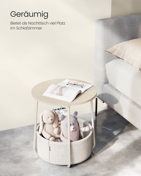 Lille Rundt Sofabord, Sidebord med Stofkurv, Opbevaring til Stue, Soveværelse, Natbord, Moderne Stil, Cremehvid