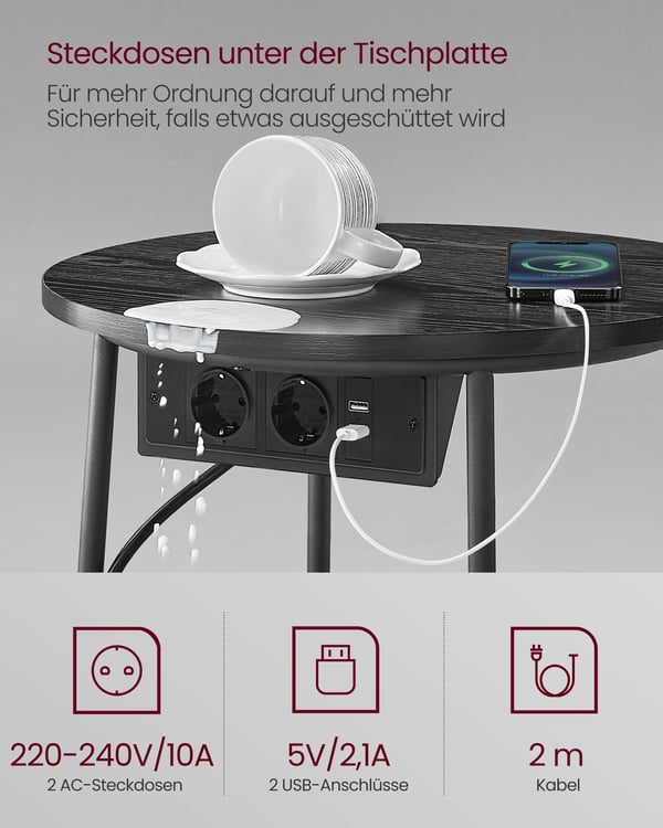 Rundt sidebord med ladestation, sofabord, natbord, Ebony Black-Slate Grey