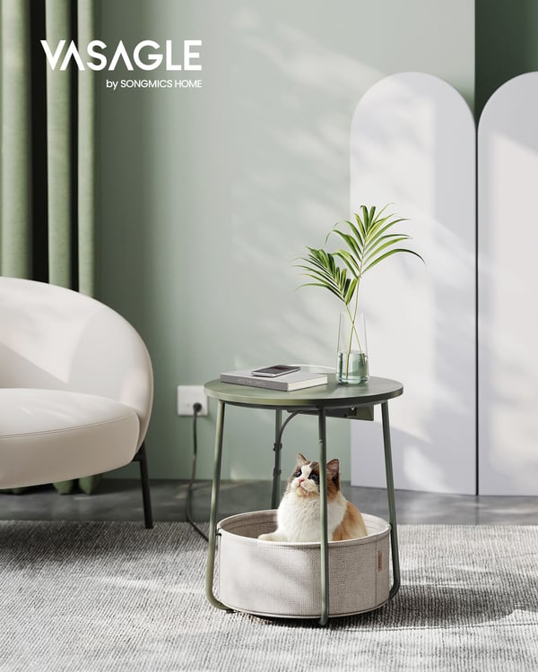 Rundt sidebord med ladestation, sofabord, USB-tilslutninger, natbord, Forest Green-Cream White