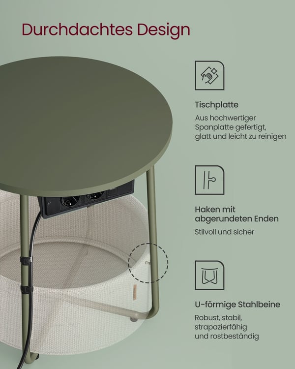 Rundt sidebord med ladestation, sofabord, USB-tilslutninger, natbord, Forest Green-Cream White