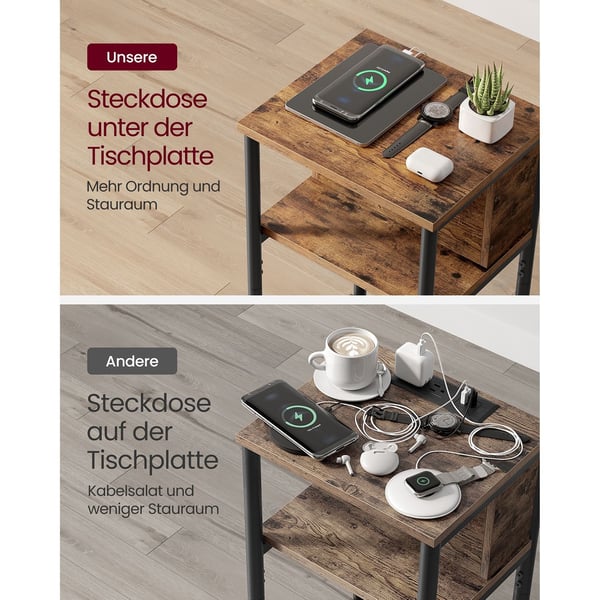 Sivupöytä Yöpöytä pistorasialla Slim 2 AC-porttia 2 USB-porttia 30 x 34 x 58 cm, ruskea/musta