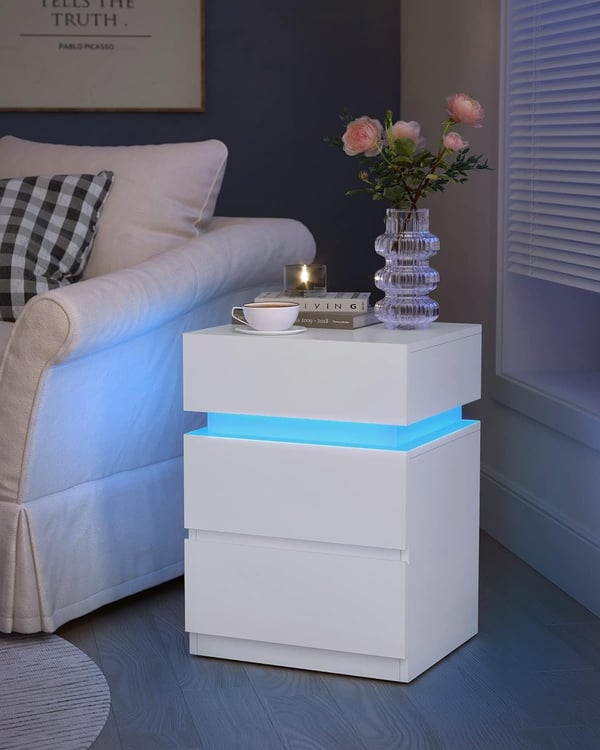 Natbord, Flerfarvet Led Strip, 3 skuffer, Modern Style Sidebord, 35 X 40 X 55 Cm, ​​​​hvid