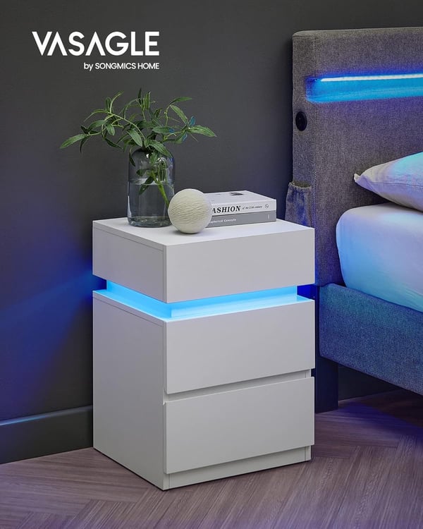Natbord, Flerfarvet Led Strip, 3 skuffer, Modern Style Sidebord, 35 X 40 X 55 Cm, ​​​​hvid
