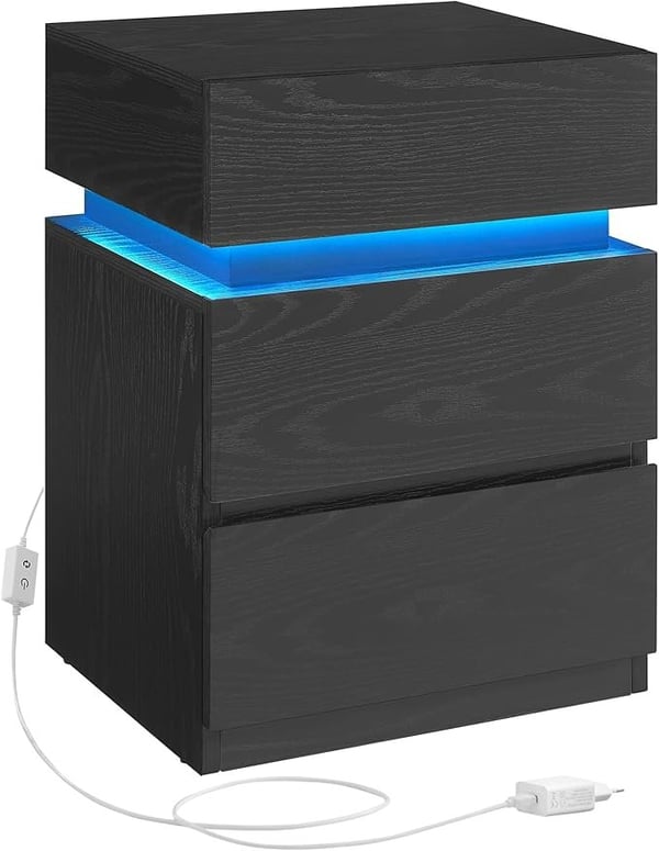 Sengebord med Led-belysning, Sidebord, Sengeskab, Sofabord, Sort med Trækorn