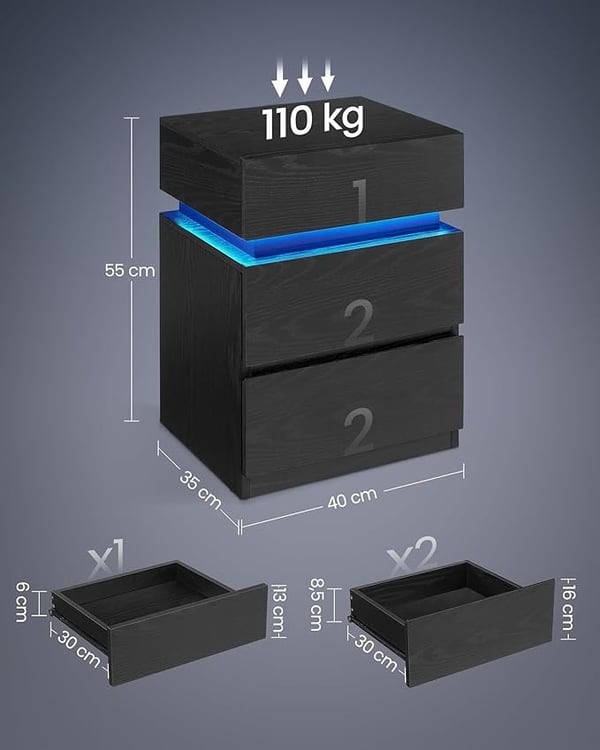 Yöpöytä LED-valaistuksella, Sivupöytä, Yöpöytäkaappi, Sohvapöytä, Musta Puusyillä