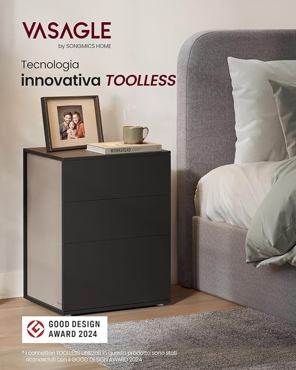 Hurtig Montering Natbord, Sengeborde med 3 Skuffer, Moderne, Blæk Sort og Cappuccino Beige