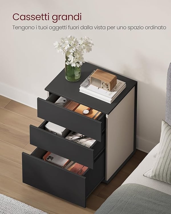 Hurtig Montering Natbord, Sengeborde med 3 Skuffer, Moderne, Blæk Sort og Cappuccino Beige